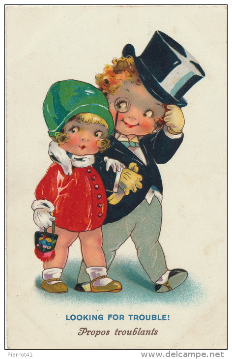 ENFANTS - LITTLE GIRL - MAEDCHEN - Jolie Carte Fantaisie Enfants Amoureux "Looking For Trouble ! " - Dessins D'enfants