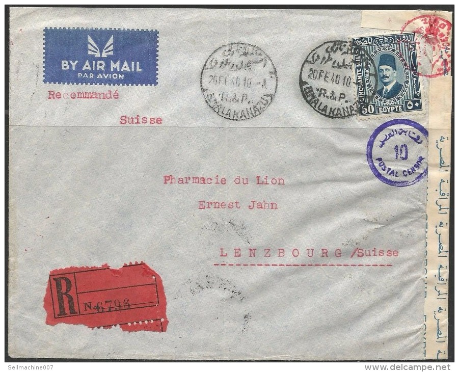 EGYPT 1940 KING FUAD / FOUAD 50 MILLS STAMP ON REGISTERED CENSOR COVER TO SWITZERLAND - Cartas & Documentos