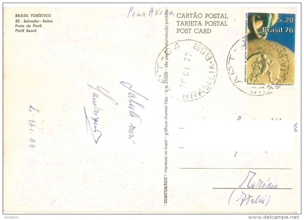 # CARTOLINA BRASILE – SALVADOR – BAHIA – PRAIA DE PIATA VIAGGIATA 1977 VERSO TORINO  – INDIRIZZO OSCURATO PER PRIVACY CO - Salvador De Bahia