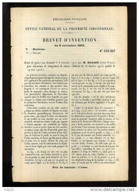 - CHANGEMENT DE VITESSE . BREVET D´INVENTION DE 1902 . - Otros Aparatos