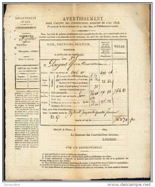 Contributions Foncières XIXe ( Pierre Dugas, Commissionnaire à Saint Gilles ) 1828 - Certifié à Nîmes - Gard - Documents Historiques