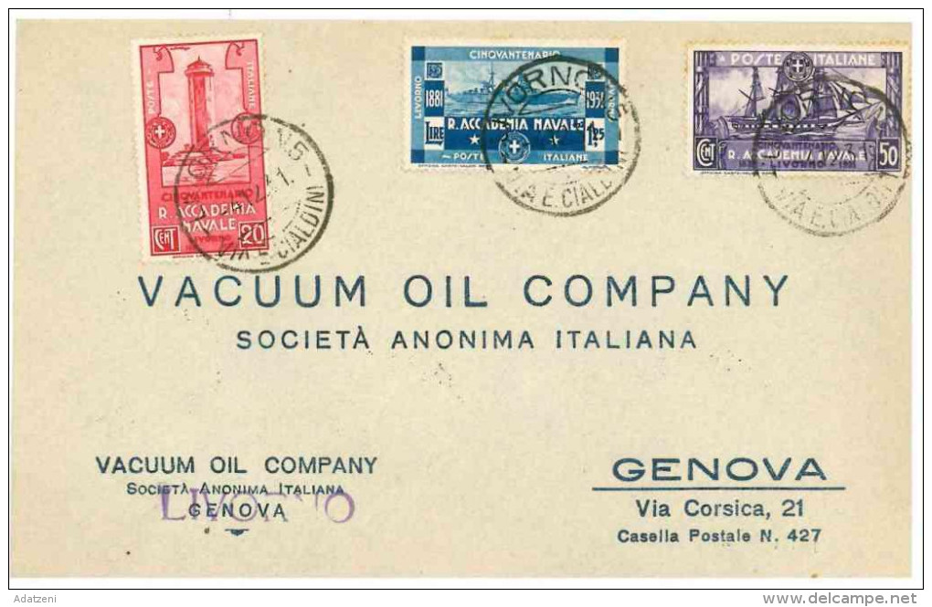 ITALIA 1931 CINQUANTENARIO DELL’ACCADEMIA NAVALE DI LIVORNO  BUSTA VACUUM OIL COMPANY  SOCIETA’ ANONIMA ITALIANA GENOVA - Storia Postale