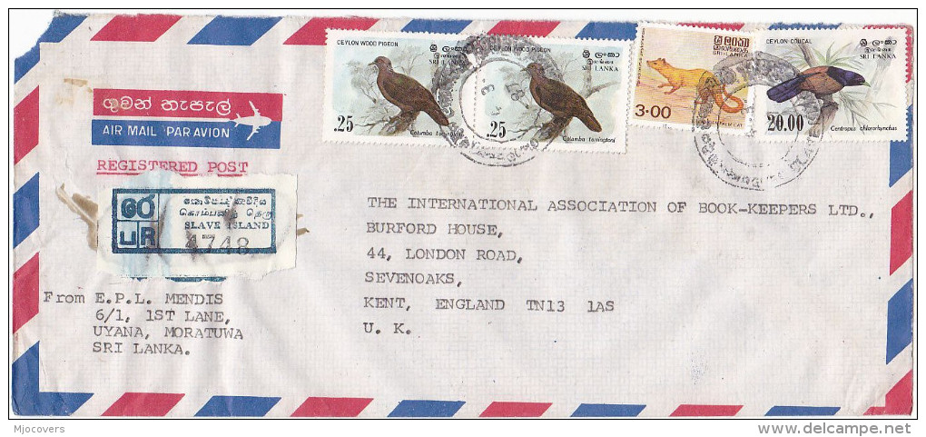 REGISTERED Air Mail  SLAVE ISLAND SRI LANKA COVER  Multi WOOD PIEGEON Bird Stamps Birds - Sri Lanka (Ceylon) (1948-...)