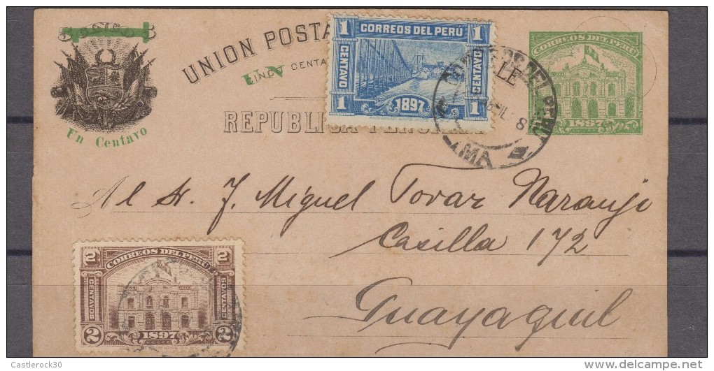 O) 1898 PERU, POSTAL STATIONARY WITH UPRATE 1 CTVO BRIDGE, AND 2 CTS BROWN TO GUAYAQUIL ECUADOR XF - Peru