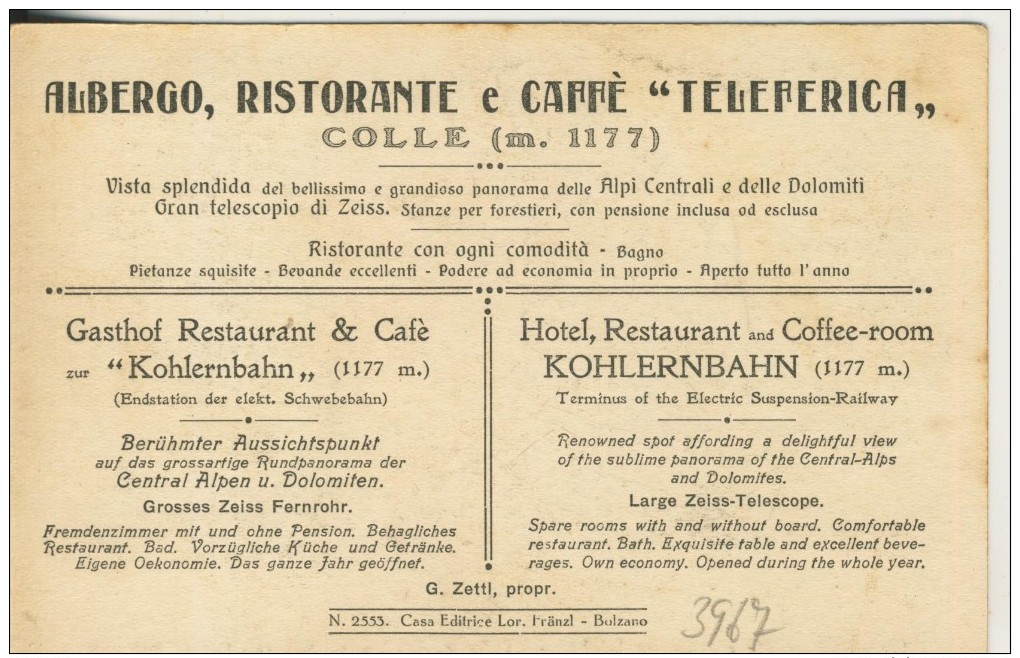 Bolzano V. 1928 Albergo - Ristorante & Cafe "Teleferica" ,Colle M. 1177   (3967) - Bolzano (Bozen)