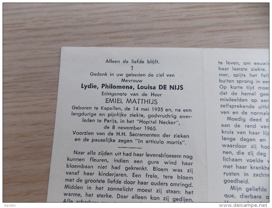 Doodsprentje Lydie Philomena Louise De Nijs Kapellen 14/5/1935 Parijs 8/11/1965 ( Emiel Matthijs ) - Religion & Esotericism