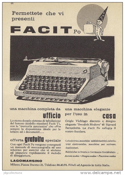 # FACIT LAGOMARSINO MACCH.SCRIVERE  1950s Advert Pubblicità Publicitè Reklame Typewriter Machine Ecrire Schreibmaschine - Altri & Non Classificati