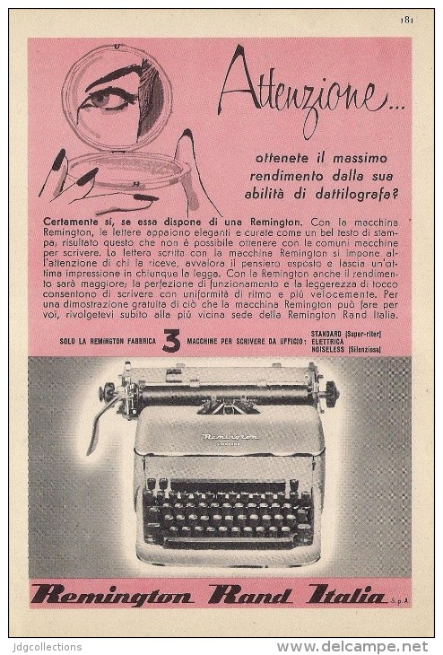 # REMINGTON RAND ITALIA Typewriter 1950s Advert Pubblicità Publicitè Reklame Machine A Ecrire Schreibmaschine - Other & Unclassified