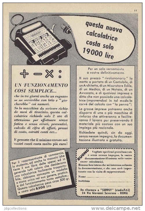 # SUPPLY  ROMA CALCULATORS 1950s Italy Advert Pubblicità Publicitè Reklame Calcolatrice Calculatrice Rechner - Altri & Non Classificati