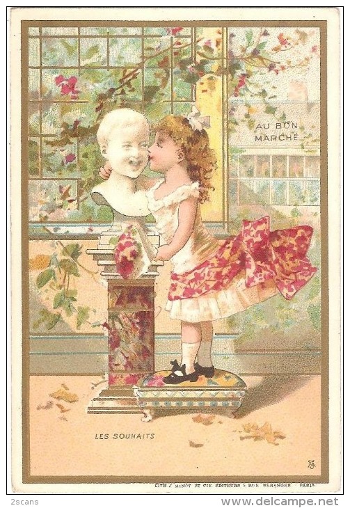 Chromo AU BON MARCHÉ (Aristide Boucicaut, Paris) - "Les Souhaits" - Chromolithographie Minot 8,2 X 12,1 Cm - Au Bon Marché