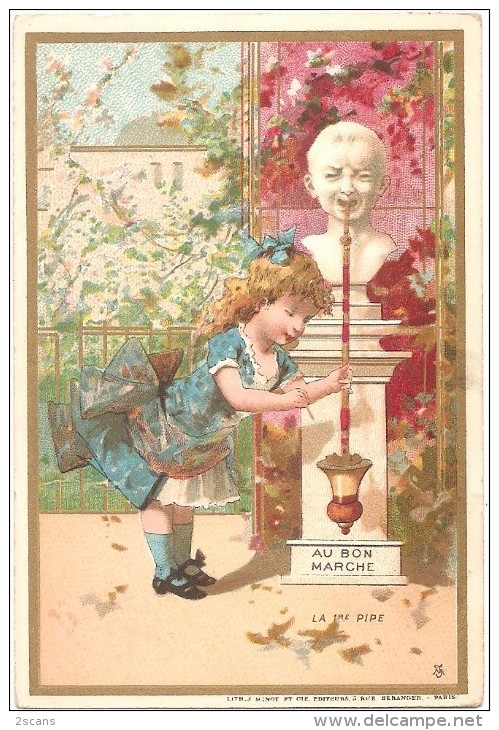 Chromo AU BON MARCHÉ (Aristide Boucicaut, Paris) - "La 1re Pipe" - Chromolithographie  Minot 8,2 X 12,1 Cm - Au Bon Marché