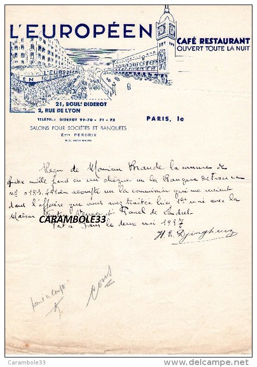 Correspondance Facture L'EUROPEEN CAFE RESTAURANT PARIS 1937 - Alimentaire