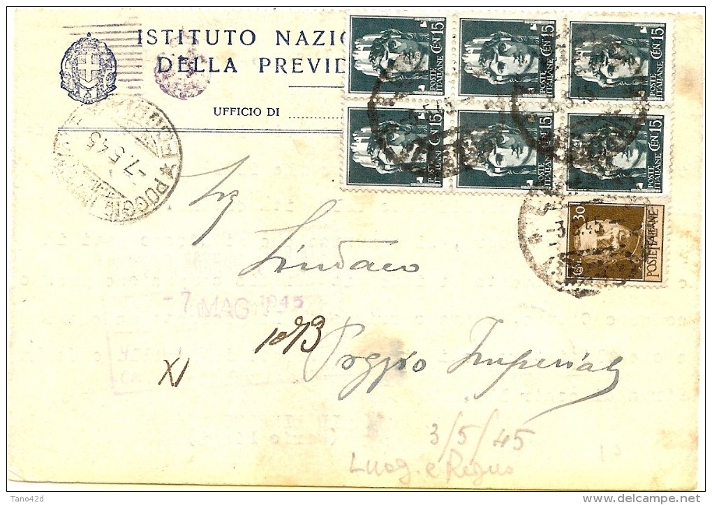 LBL33 - ITALIE PERIODE REGENCE (LUOGOTENENZA) - CP INPS 7/5/1945 LUCERA / POGGIO IMPERIALE - Storia Postale