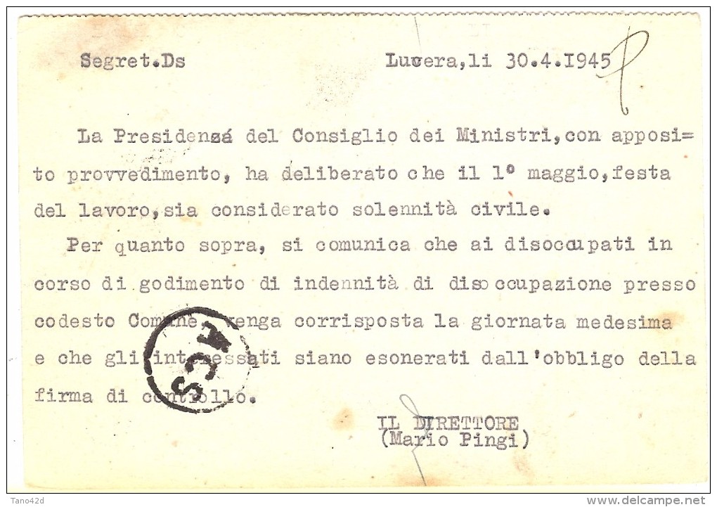 LBL33 - ITALIE PERIODE REGENCE (LUOGOTENENZA) - CP INPS 7/5/1945 LUCERA / POGGIO IMPERIALE - Storia Postale