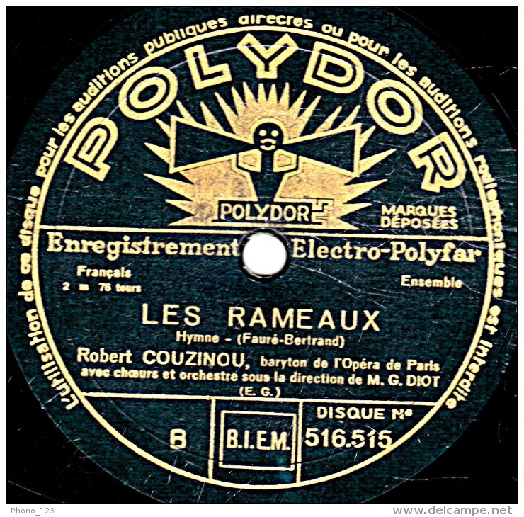 78 Trs - 30 Cm - état TB - ROBERT COUZINOU - ANGELUS DE LA MER - LES RAMEAUX - 78 T - Disques Pour Gramophone