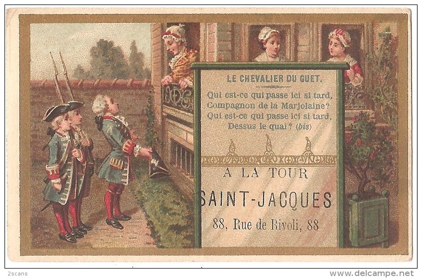 Chromo GRANDS MAGASINS À LA TOUR ST-JACQUES (Paris) - "Le Chevalier Du Guet" - Chromolithographie Romanet 6,5 X 10,3 Cm - Autres & Non Classés