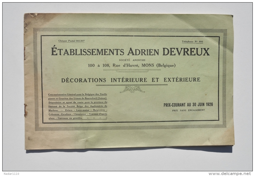 MONS, Rue D'Havré, Année 1926 : TARIF Des Etablissements ADRIEN DEVREUX, Décorations Intérieure Et Extérieure - 1900 – 1949