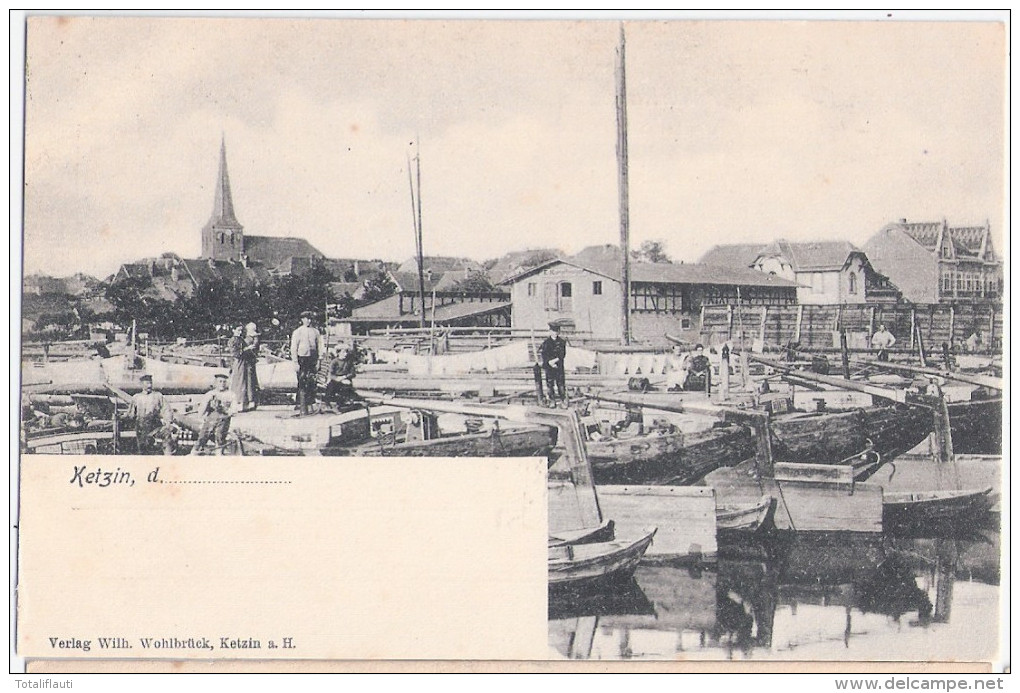 KETZIN Havel Hafenanlage Boote Schiffe Belebt Schuppen V E Kampffmeyer Ungeteilte Rückseite Also Um 1905 Oder Früher - Ketzin