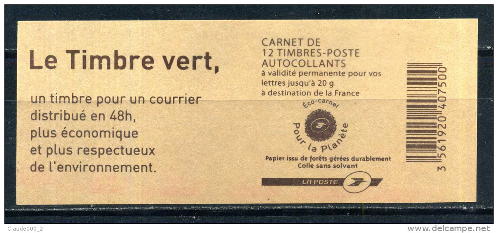 VARIETE CARNET N° 604-C1 BEAUJARD Le Timbre Vert Neuf ** Découpe En Biais Et Chiffre 024 Cisaillé - Nuovi