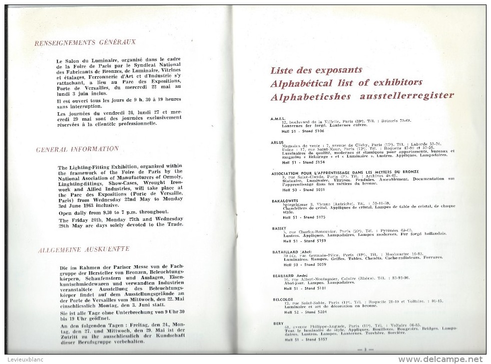 Salon Du Luminaire/Foire De Paris/Guide De L´Exposition/Porte De Versailles/1963  PGC85 - Elektrizität & Gas