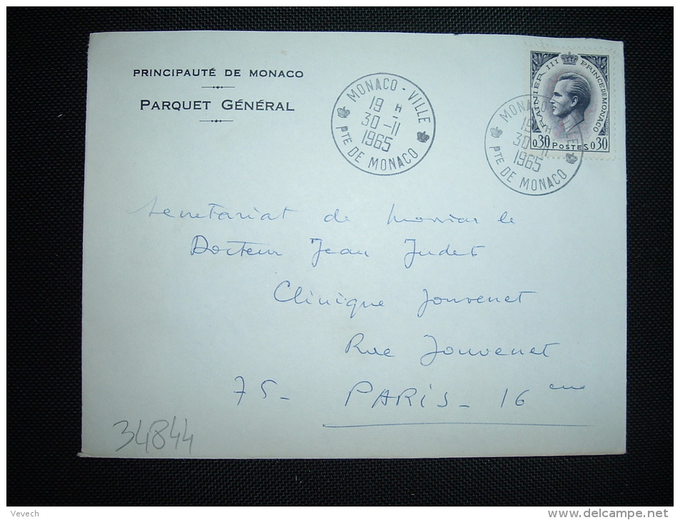 LETTRE POUR LA FRANCE TP RAINIER III 0,30 OBL.30-11-1965 MONACO VILLE + PARQUET GENERAL - Covers & Documents