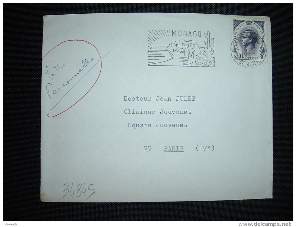 LETTRE POUR LA FRANCE TP RAINIER III 0,30 OBL.MEC.16-1-1965 MONTE CARLO - Cartas & Documentos