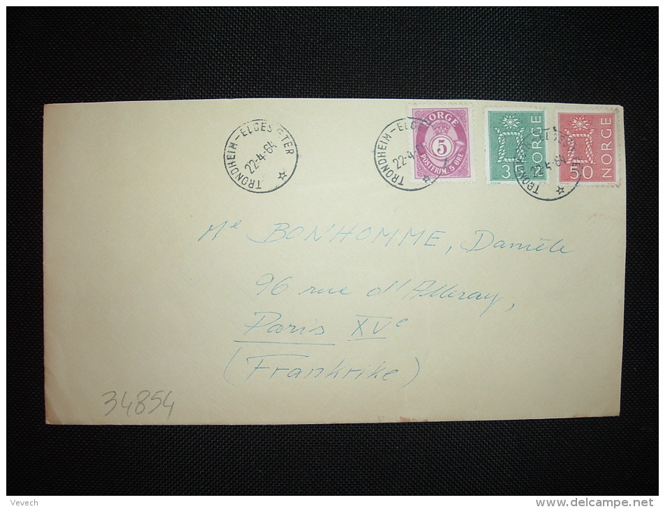 LETTRE POUR LA FRANCE TP 50 + TP 35 + TP 5 OBL.22.4.64 TRONDHEIM-ELGESATER - Briefe U. Dokumente