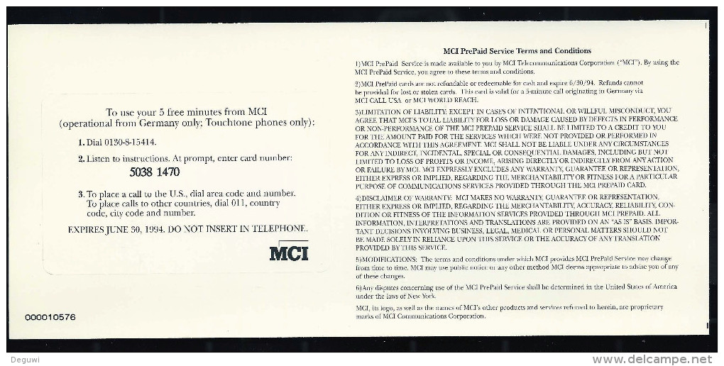 MCI  Telecard  5 Minutes,  UNC, Very Scarce,  MINT - AT&T