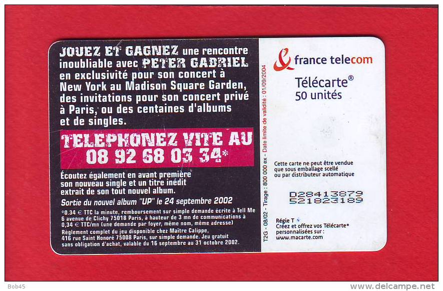 856 - Telecarte Publique Peter Gabriel Musicien  (F1236A) - 2002