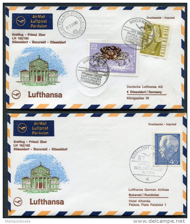 1968 Lufthansa Romania Germany Bucuresti - Dusseldorf - Bucuresti First Flight Covers X 2 - Briefe U. Dokumente