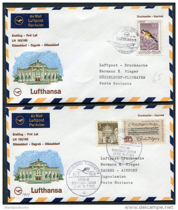 1968 Lufthansa Germany Zagreb - Dusseldorf - Zagreb First Flight Covers X 2 - Airmail