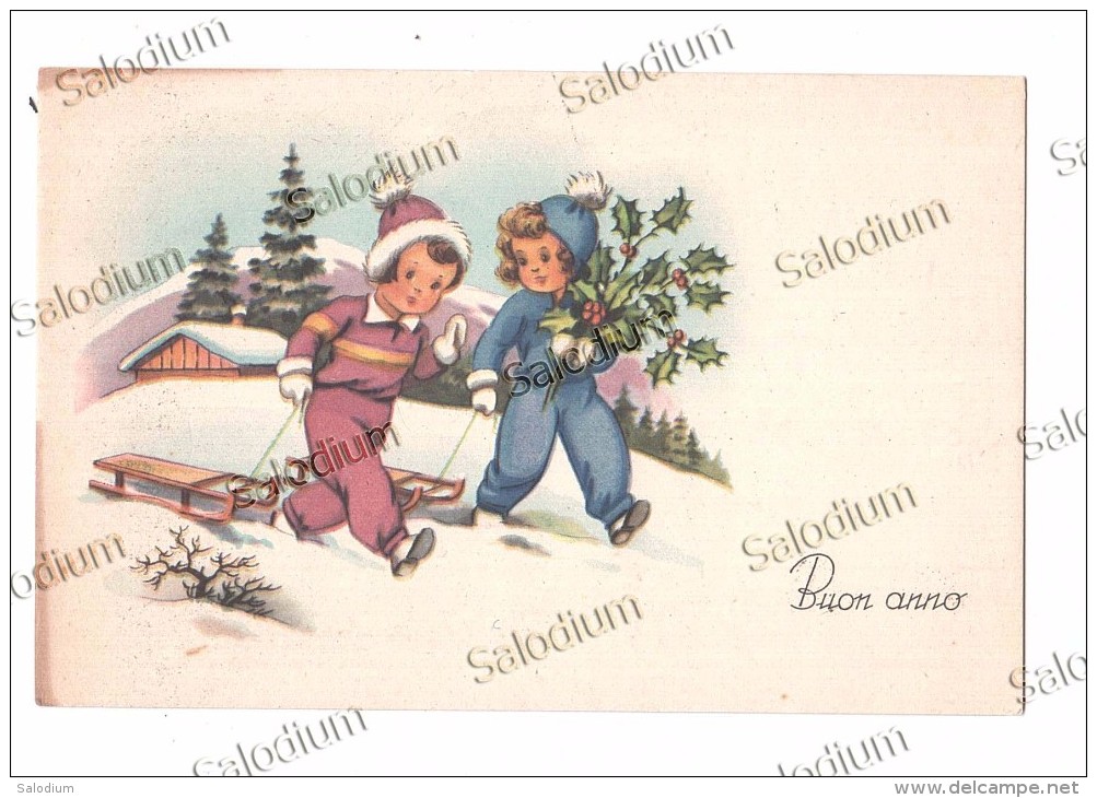 BUON ANNO NATALE- Bambino Baby Neve Sport Sci Slitta Pungitopo Baita - Illustratore - Altri & Non Classificati