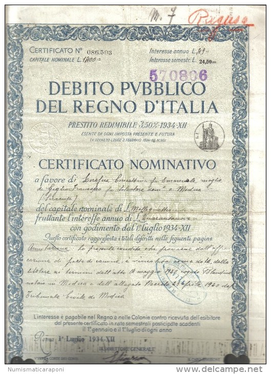 Debito Pubblico Del Regno D'italia 1934 Certificato Nominativo Ben Conservato Cod.doc.105 - Historische Documenten