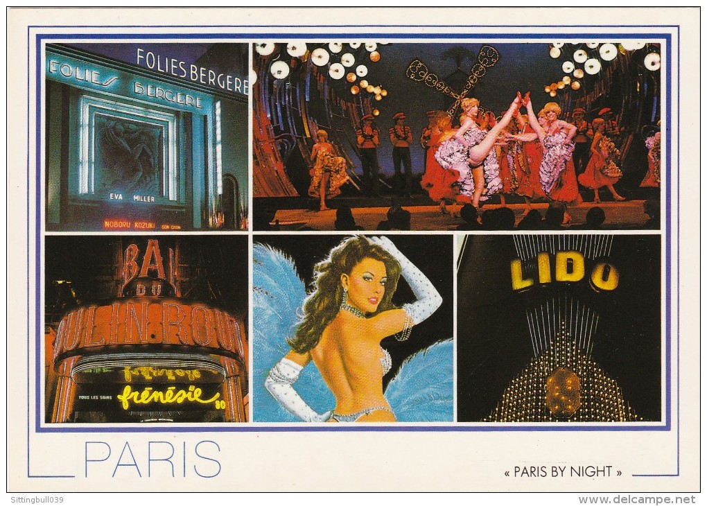 Les Folies Bergère. Le Moulin Rouge. Le LIDO.CP De Quelques Endroits Célèbres De Paris Nocturne. Photos + Dessin D'ASLAN - Aslan