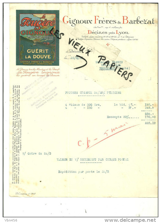 69 - Rhône - DECINES - Facture GIGNOUX & BARBEZAT - Médicament Contre La Douve – 1931 - REF 28G - 1900 – 1949