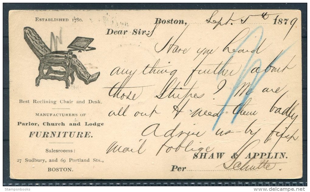 1879 USA Boston Private Stationery Shaw &amp; Applin Furniture Manufacturers Illustrated Advertising Postcard - ...-1900