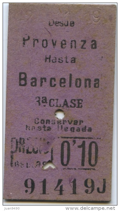 TICKET EDMONDSON DEL FERROCARRIL DE SARRI A BARCELONA // PROVENZA -  BARCELONA // 1919 - Europe