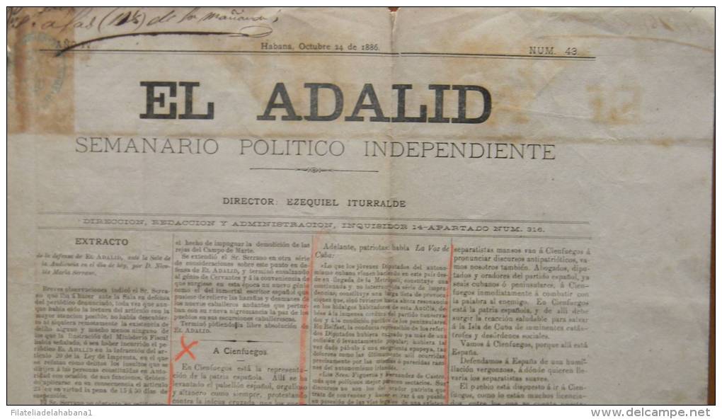 BP44 CUBA SPAIN NEWSPAPER ESPAÑA 1886  EL ADALID 24/10/1886 - [1] Until 1980