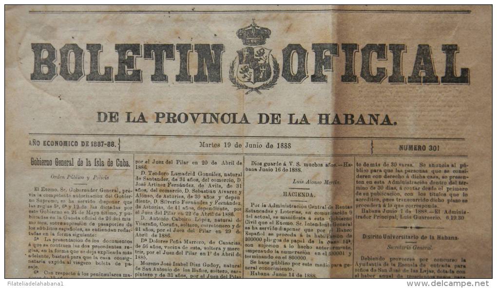 BP6 CUBA SPAIN NEWSPAPER ESPAÑA 1888 BOLETIN OFICIAL DE LA HABANA 19/06/1888 - [1] Tot 1980