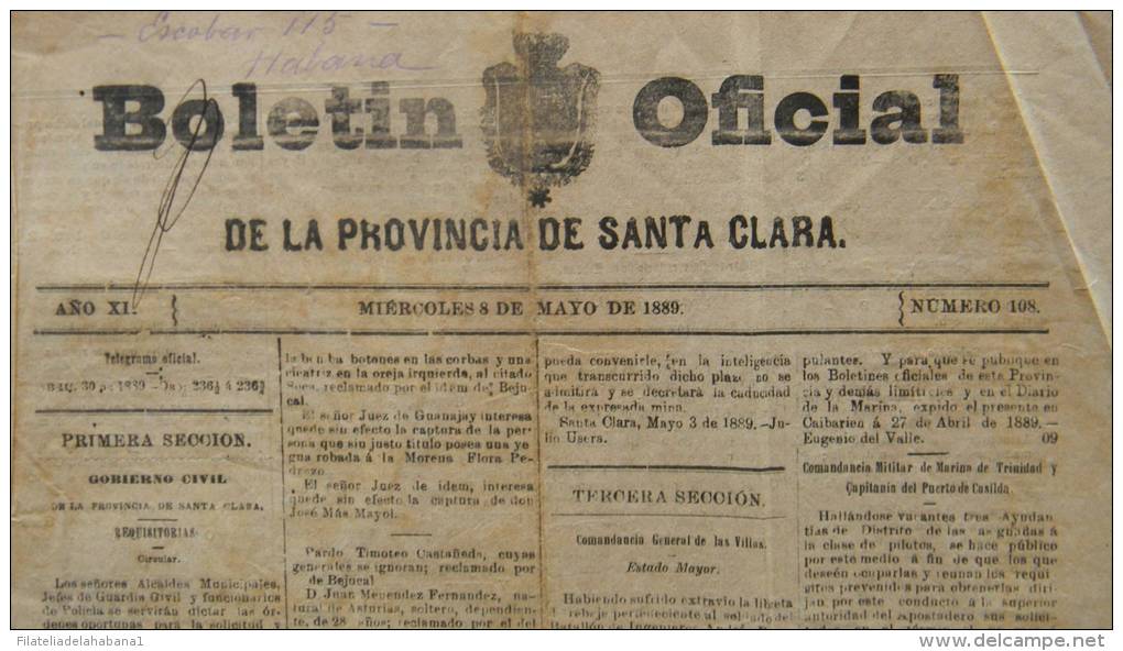 BP5 CUBA SPAIN NEWSPAPER ESPAÑA 1889 BOLETIN OFICIAL DE SANTA CLARA 8/05/1889 - [1] Tot 1980