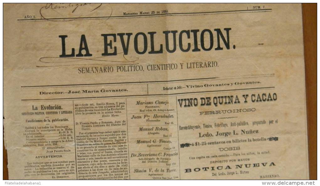 BP46 CUBA SPAIN NEWSPAPER ESPAÑA 1890 LA EVOLUCION 23/03/1890 MARIANAO - [1] Tot 1980