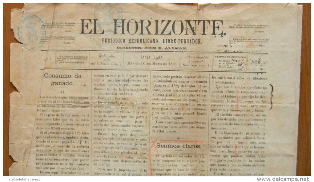 BP43 CUBA SPAIN NEWSPAPER ESPAÑA 1886  EL HORIZONTE 18/05/1886 SANTA CLARA - [1] Jusqu' à 1980