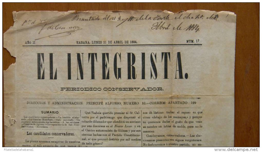 BP42 CUBA SPAIN NEWSPAPER ESPAÑA 1884  EL INTEGRISTA 21/04/1884 - [1] Hasta 1980