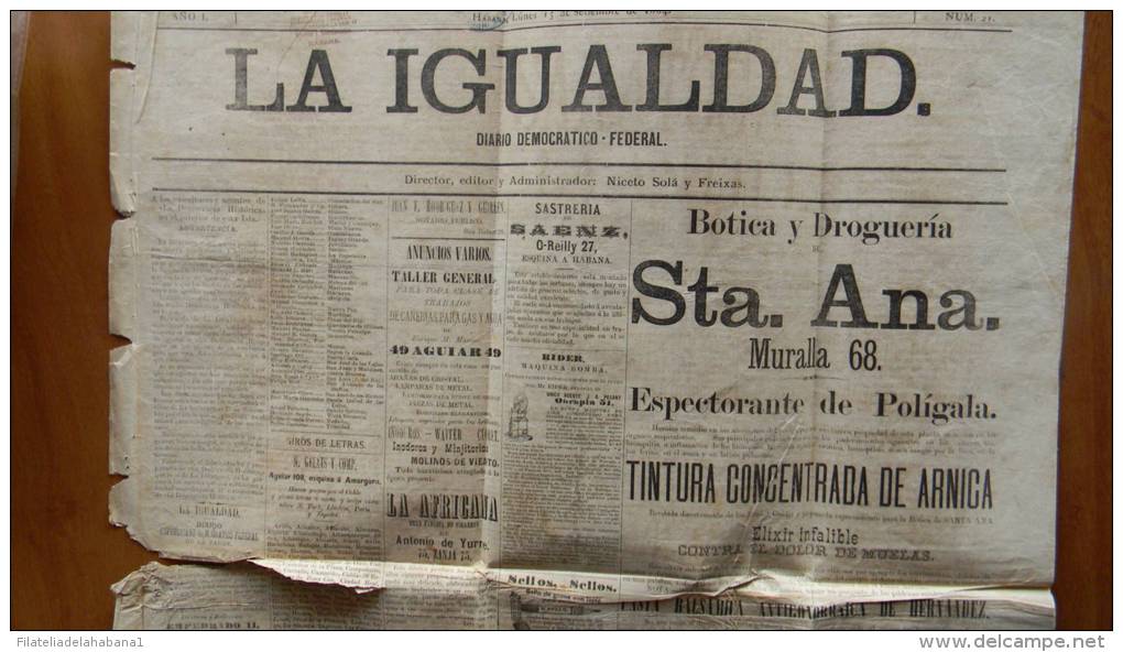 BP31 CUBA SPAIN NEWSPAPER ESPAÑA 1884  LA IGUALDAD 15/09/1884 - [1] Hasta 1980