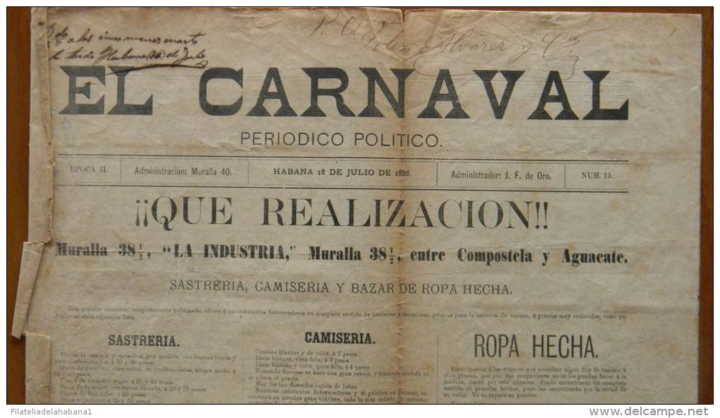 BP30 CUBA SPAIN NEWSPAPER ESPAÑA 1886  EL CARNAVAL 18/07/1886 - [1] Until 1980