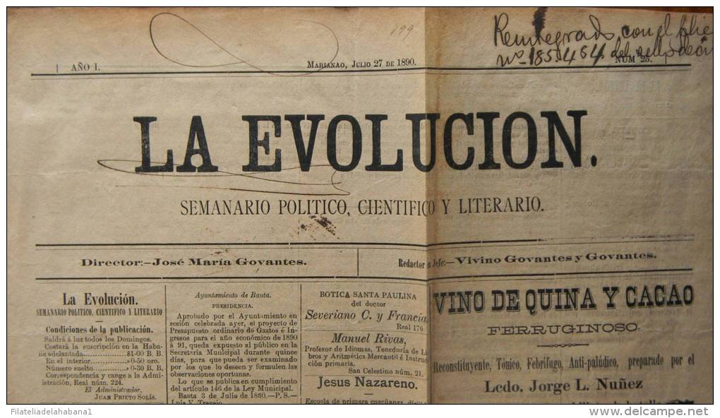 BP3 CUBA SPAIN NEWSPAPER ESPAÑA 1890 LA EVOLUCION  27/07/1890 MARIANAO - [1] Hasta 1980