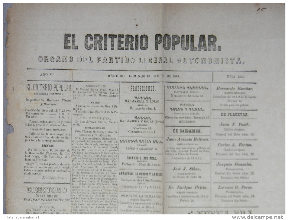 BP200 CUBA SPAIN NEWSPAPER ESPAÑA 1888 EL CRITERIO POPULAR 15/07/1888. 56X37cm. - [1] Jusqu' à 1980