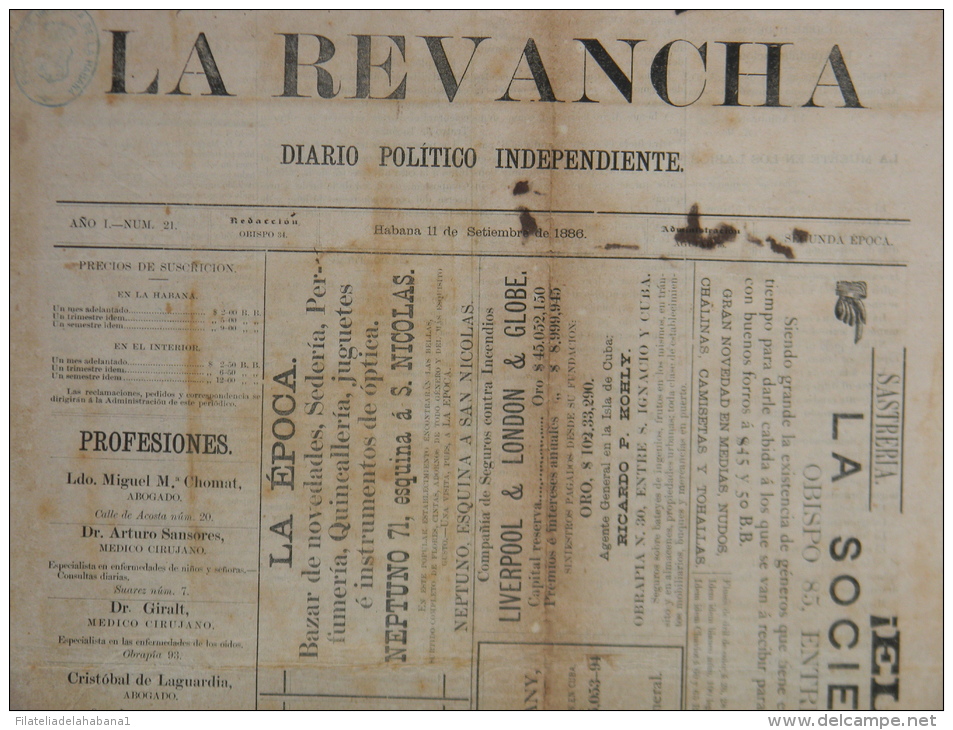 BP201 CUBA SPAIN NEWSPAPER ESPAÑA 1886 \"LA REVANCHA\" 4/09/1886. 56X37cm. - [1] Jusqu' à 1980