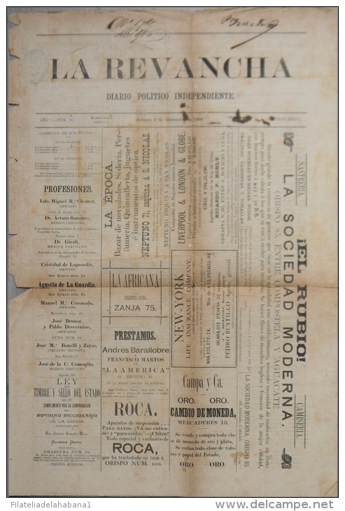 BP201 CUBA SPAIN NEWSPAPER ESPAÑA 1886 \"LA REVANCHA\" 4/09/1886. 56X37cm. - [1] Hasta 1980