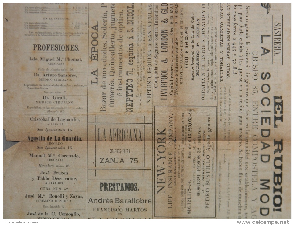 BP201 CUBA SPAIN NEWSPAPER ESPAÑA 1886 \"LA REVANCHA\" 4/09/1886. 56X37cm. - [1] Until 1980